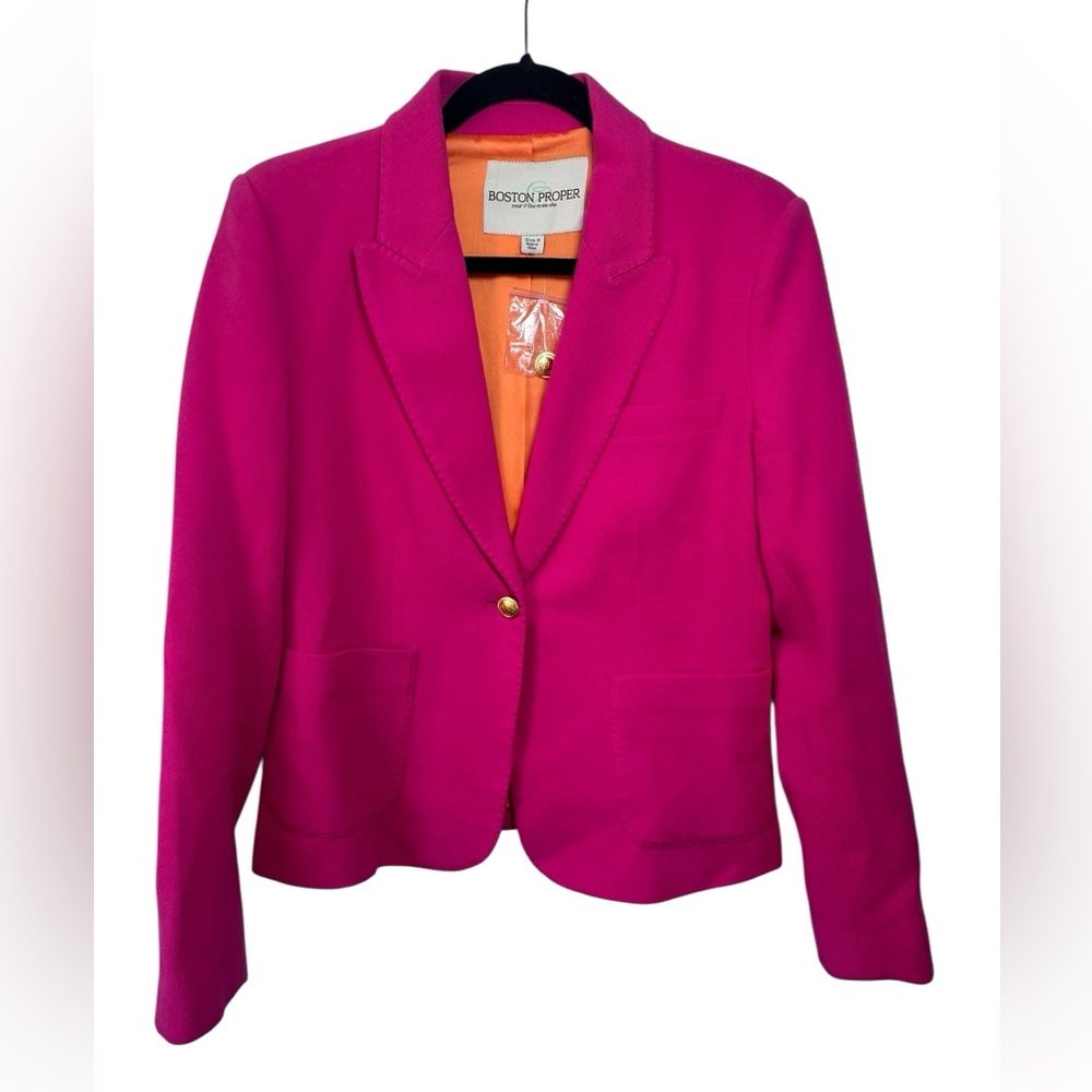 Boston Proper Cotton Pink Blazer Gold Buttons Long Sleeve Preppy Size 8 NWOT